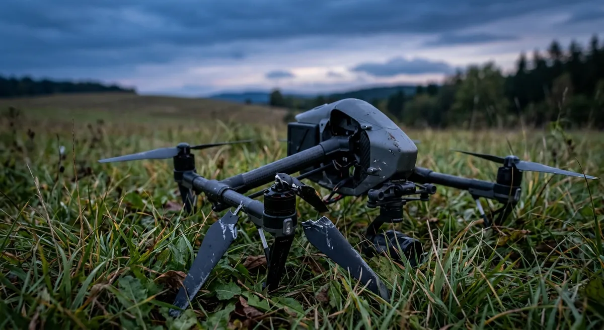 Drone professionnel au sol avec une hélice endommagée
