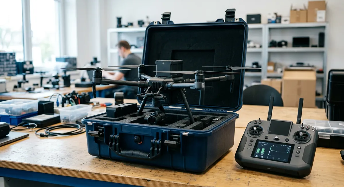 Drone professionnel et sa radiocommande dans un atelier