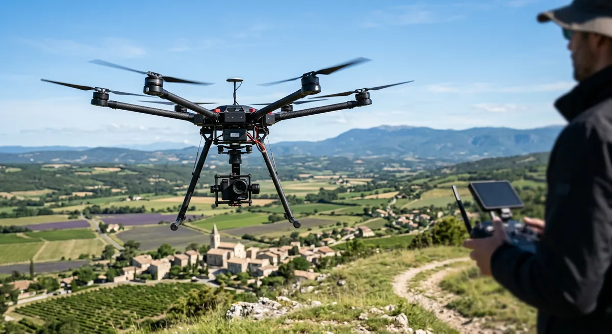 Drone professionnel en vol stationnaire au-dessus d'un paysage dégagé