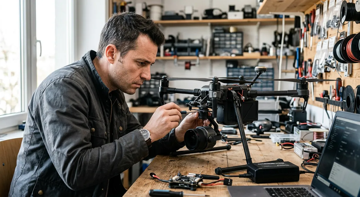 Télépilote inspectant son drone et sa nacelle sur un établi
