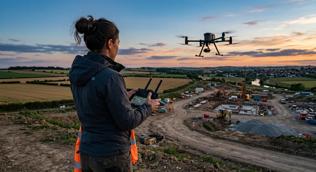 Drone professionnel en vol au-dessus d'un chantier au coucher du soleil