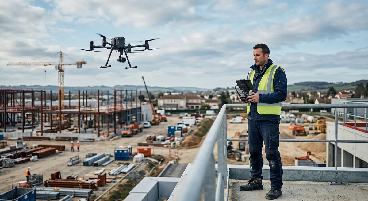 Télépilote professionnel pilotant un drone au-dessus d'un chantier