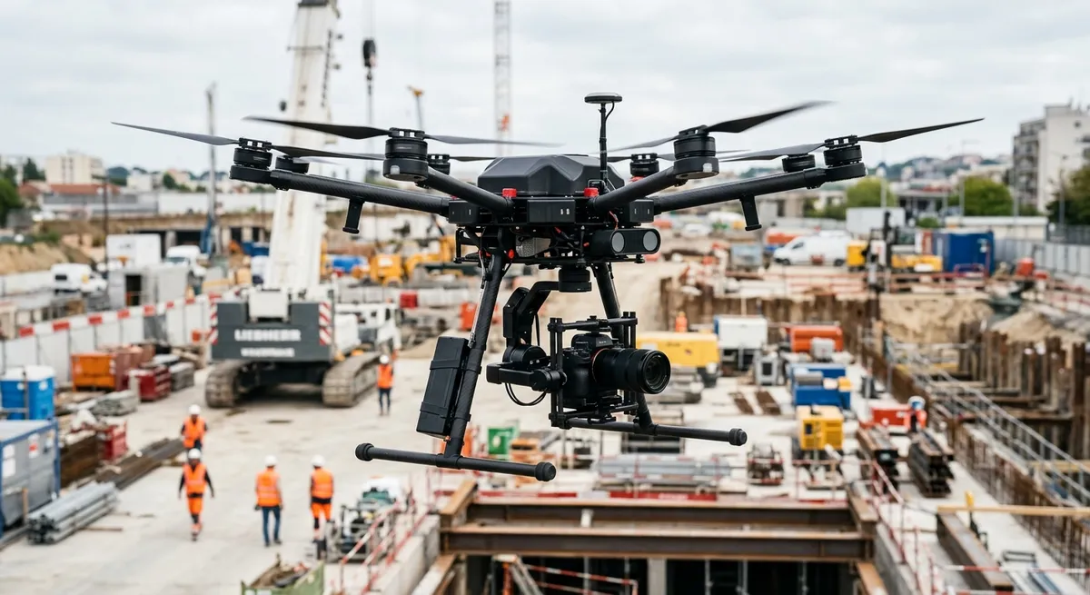 Drone professionnel en vol au-dessus d'un chantier