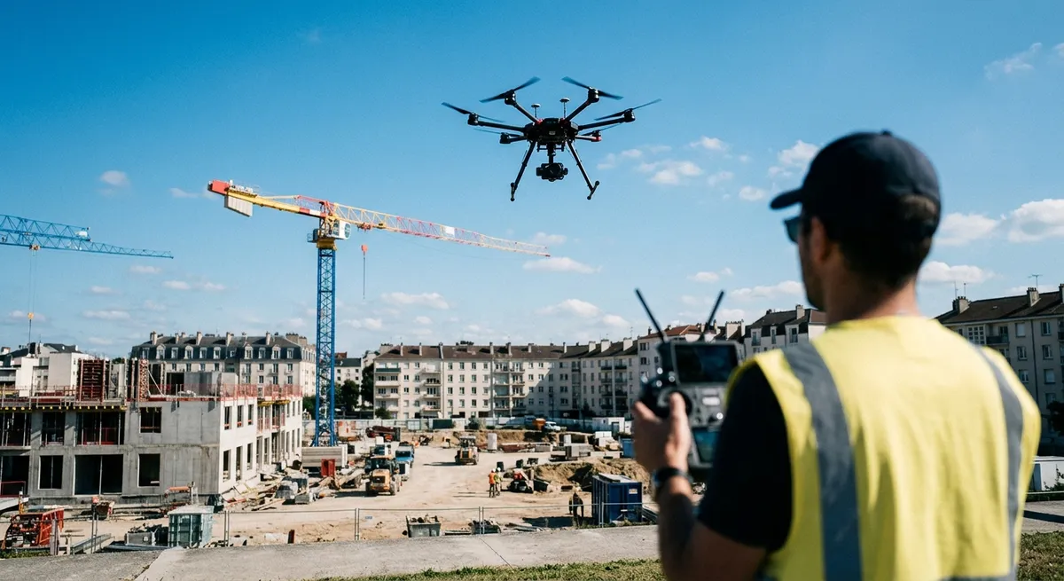 Drone professionnel survolant un chantier de construction